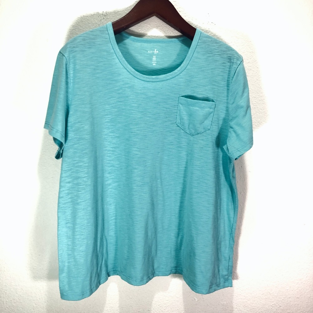 Just Be Plus‎ Womens 1X Aqua Blue Slub Knit Short Sleeve Pocket T-Shirt Tee